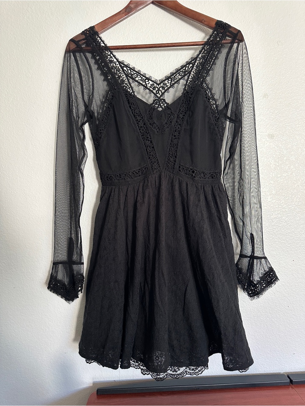 Free People Black Lace Mesh Long Sleeve Mini Dress